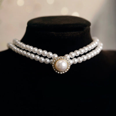 French Vintage Double-layered Pearl and Rhinestone Collarbone Necklace for Bride, Wedding Dress, Evening Dress, Banquet and Daily Wear - WonderlandByLilian
