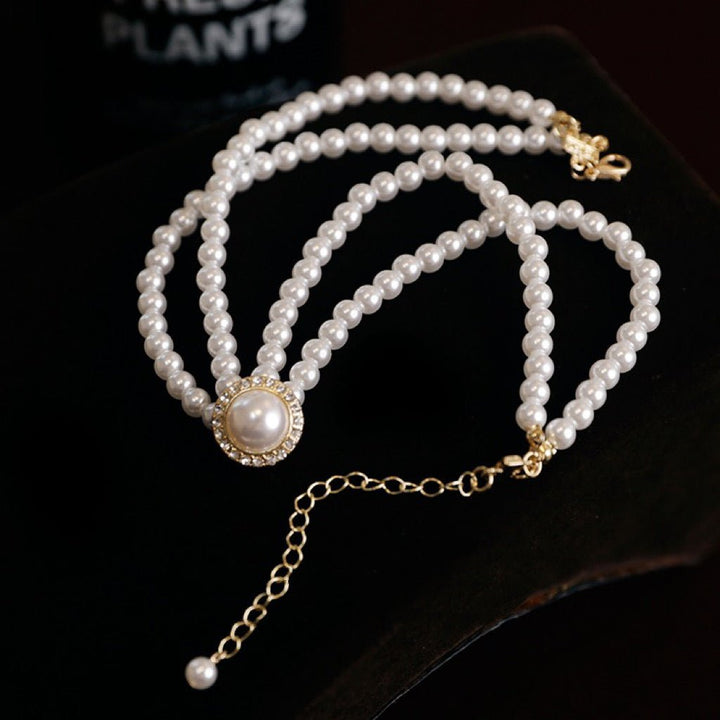 French Vintage Double-layered Pearl and Rhinestone Collarbone Necklace for Bride, Wedding Dress, Evening Dress, Banquet and Daily Wear - WonderlandByLilian