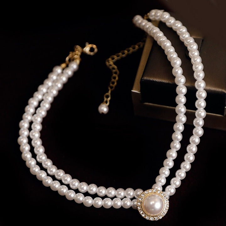 French Vintage Double-layered Pearl and Rhinestone Collarbone Necklace for Bride, Wedding Dress, Evening Dress, Banquet and Daily Wear - WonderlandByLilian