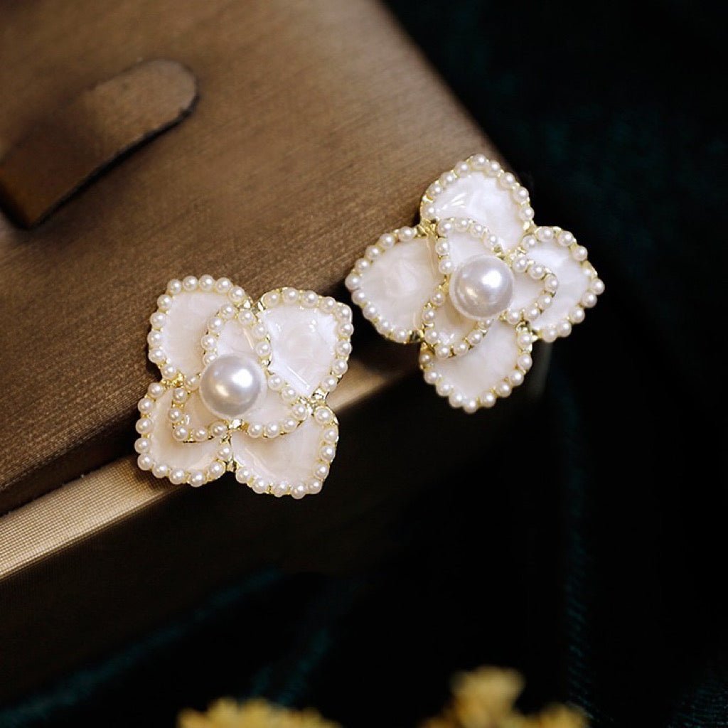 French Vintage Pearl Earrings Set with Fragrant Blossoms and Delicate Floral Petals - WonderlandByLilian