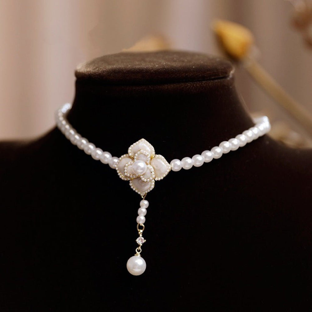 French Vintage Pearl Necklace with Floral Petals and Fragrant Blossoms - WonderlandByLilian