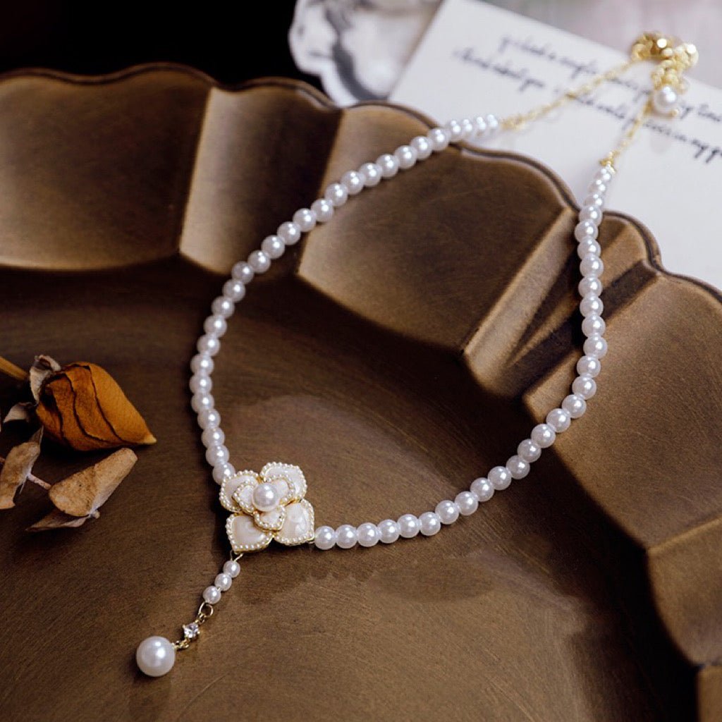 French Vintage Pearl Necklace with Floral Petals and Fragrant Blossoms - WonderlandByLilian