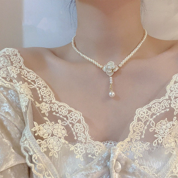 French Vintage Pearl Necklace with Floral Petals and Fragrant Blossoms - WonderlandByLilian