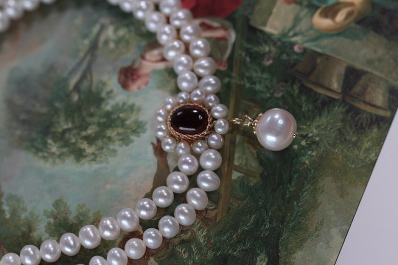 Garnet Victorian Drop Pearl Necklace -Regency Era Pearl Strand Seedless - Gothic Bridal Necklace for Prom Wedding- Multi-Strand Chocker - WonderlandByLilian