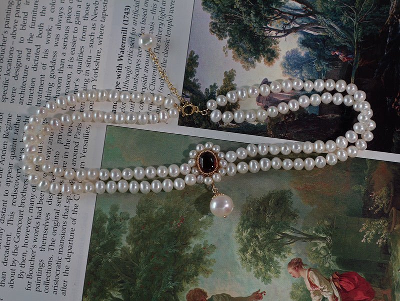 Garnet Victorian Drop Pearl Necklace -Regency Era Pearl Strand Seedless - Gothic Bridal Necklace for Prom Wedding- Multi-Strand Chocker - WonderlandByLilian