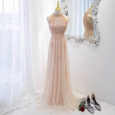 Gauze Sequins Beading Embroidered Beige Pink Foral Prom Dress Party Dress Evening Wear - WonderlandByLilian