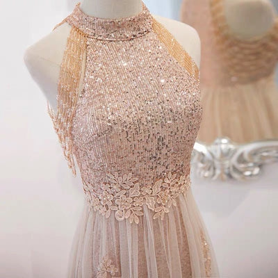 Gauze Sequins Beading Embroidered Beige Pink Foral Prom Dress Party Dress Evening Wear - WonderlandByLilian
