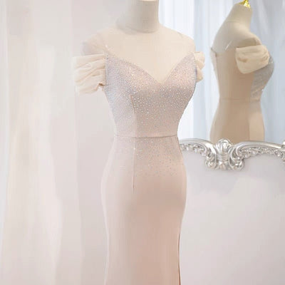 Gauze Sequins Crystal Beige Pink Prom Dress Party Dress Evening Wear - WonderlandByLilian
