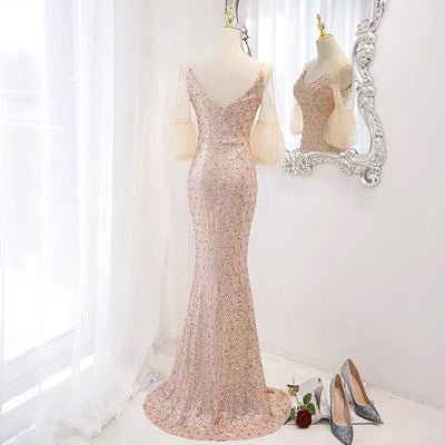 Gauze Sequins V-LINE Beige Pink Prom Dress Party Dress Evening Wear - WonderlandByLilian