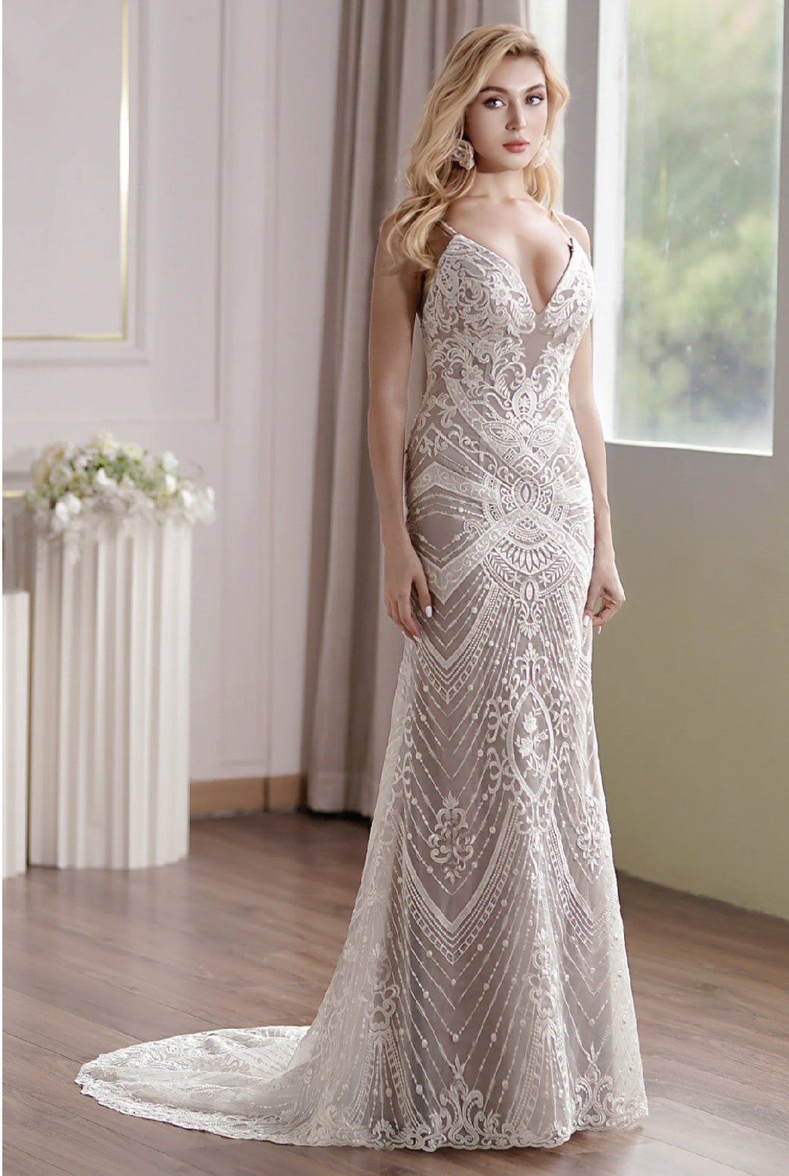 Glamorous Lace Embroidery Fit-and-Flare Mermaid Wedding Gown With Plunging Neckline - Plus Size - WonderlandByLilian