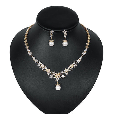 Gold Bridal Necklace Set with Micro-Inlaid Zircon and Pearl - Perfect Jewelry Set - WonderlandByLilian