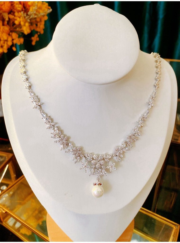 Gold Bridal Necklace Set with Micro-Inlaid Zircon and Pearl - Perfect Jewelry Set - WonderlandByLilian