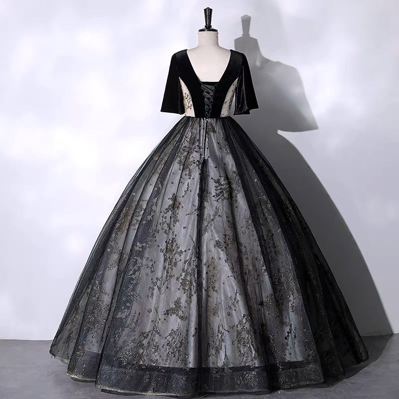 Gothic Black And Gold V-neck Velvet Wedding Dress - Black Ball Gown Plus Size - WonderlandByLilian