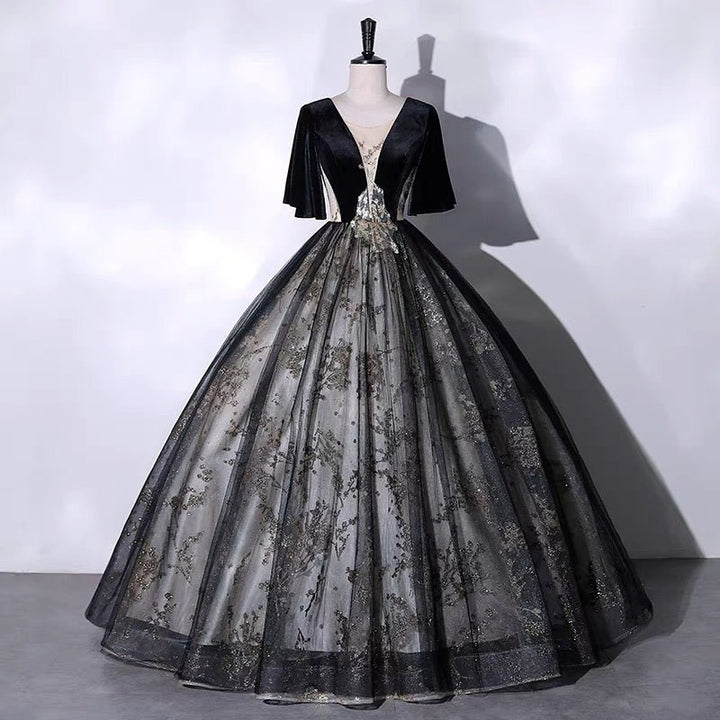 Gothic Black And Gold V-neck Velvet Wedding Dress - Black Ball Gown Plus Size - WonderlandByLilian