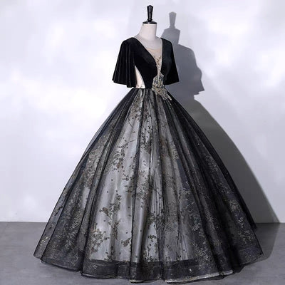 Gothic Black And Gold V-neck Velvet Wedding Dress - Black Ball Gown Plus Size - WonderlandByLilian