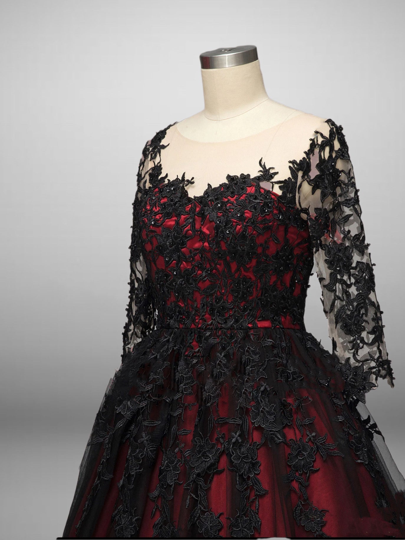 Gothic Black And Red A-Line Wedding Dress with Red Lace Floral Embroidered Plus Size - WonderlandByLilian