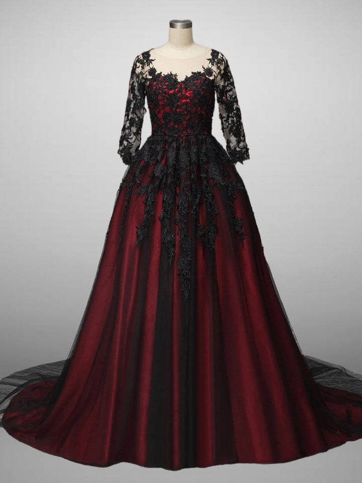 Gothic Black And Red A-Line Wedding Dress with Red Lace Floral Embroidered Plus Size - WonderlandByLilian