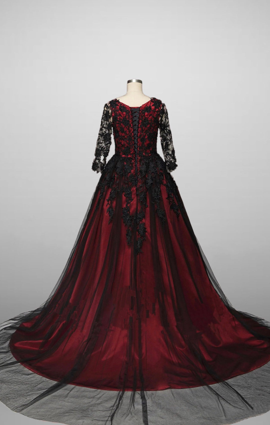 Gothic Black And Red A-Line Wedding Dress with Red Lace Floral Embroidered Plus Size - WonderlandByLilian