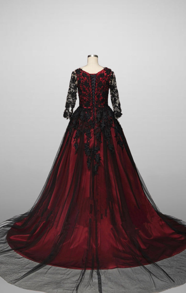 Gothic Black And Red A-Line Wedding Dress with Red Lace Floral Embroidered Plus Size - WonderlandByLilian