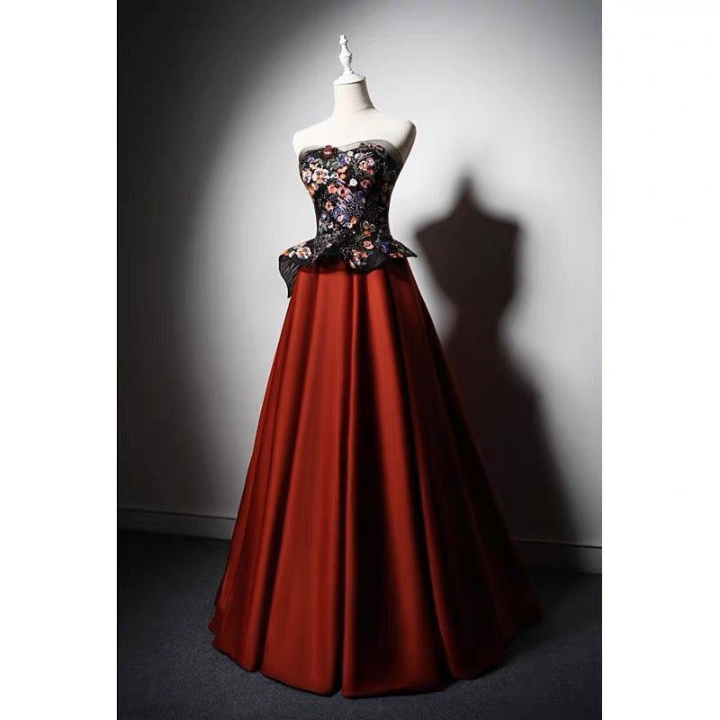 red and black floral prom dress Black Tulle Red Floral Applique Spaghetti Strap Prom Dresses ,CP0215 US12 / Custom Color(leaving a note)
