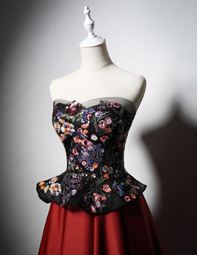 Gothic Black And Red Strapeless Floral Formal Dress - Plus Size - WonderlandByLilian