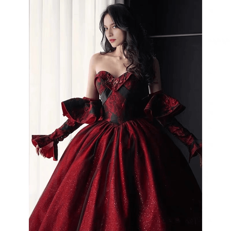 Gothic Black And Red Wedding Dress With Gloves - Burgundy Ball Gown Plus Size - WonderlandByLilian