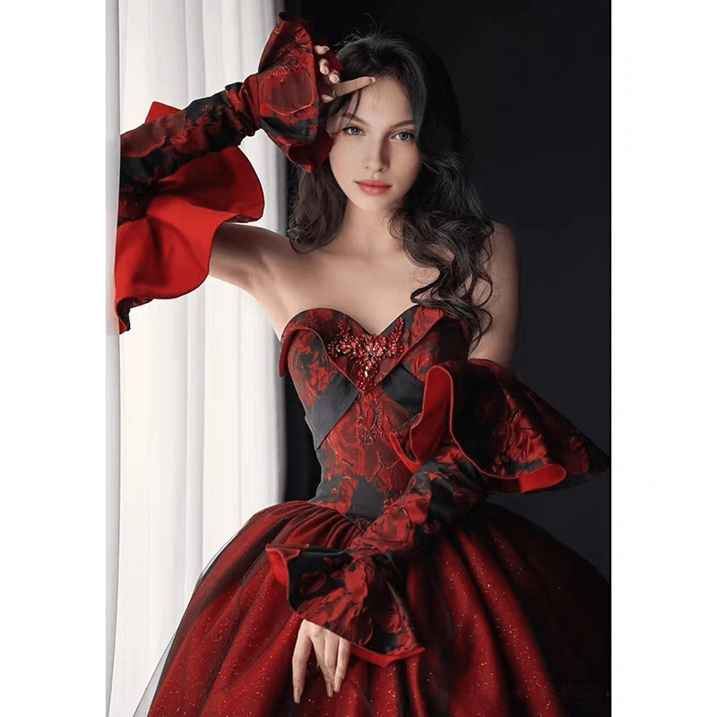 Gothic Black And Red Wedding Dress With Gloves - Burgundy Ball Gown Plus Size - WonderlandByLilian