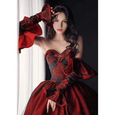 Gothic Black And Red Wedding Dress With Gloves - Burgundy Ball Gown Plus Size - WonderlandByLilian