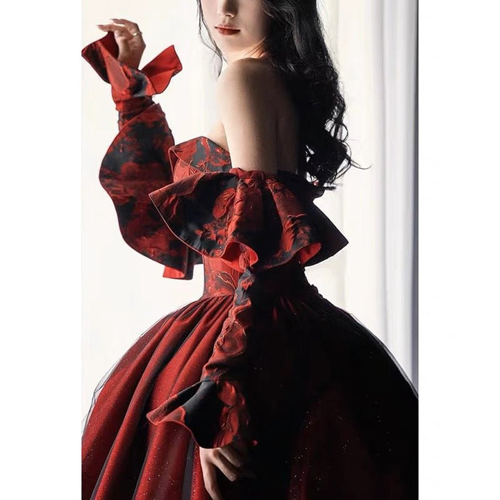 Gothic Black And Red Wedding Dress With Gloves - Burgundy Ball Gown Plus Size - WonderlandByLilian