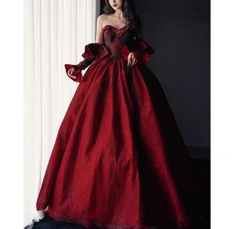 Gothic Black And Red Wedding Dress With Gloves - Burgundy Ball Gown Plus Size - WonderlandByLilian