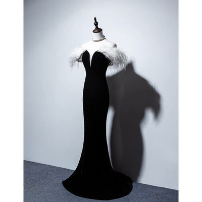 Gothic Black And White Feather Off Shoulder V-neck Velvet Evening Gown - Plus Size - WonderlandByLilian