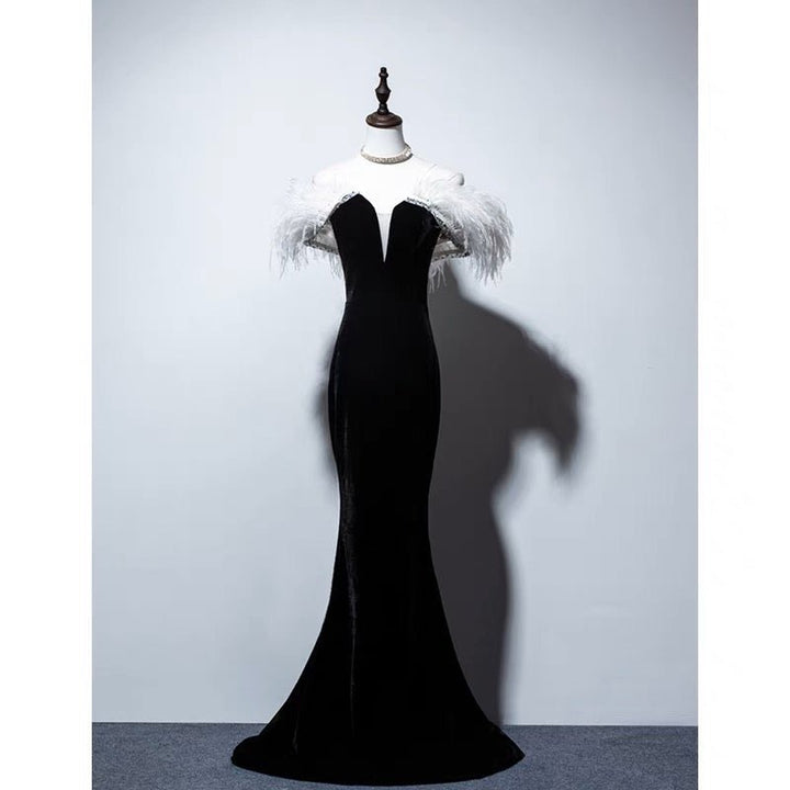 Gothic Black And White Feather Off Shoulder V-neck Velvet Evening Gown - Plus Size - WonderlandByLilian