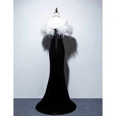 Gothic Black And White Feather Off Shoulder V-neck Velvet Evening Gown - Plus Size - WonderlandByLilian