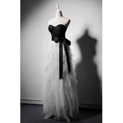 Gothic Black And White Lace Beaded Strapless Formal Dress Plus Size - WonderlandByLilian