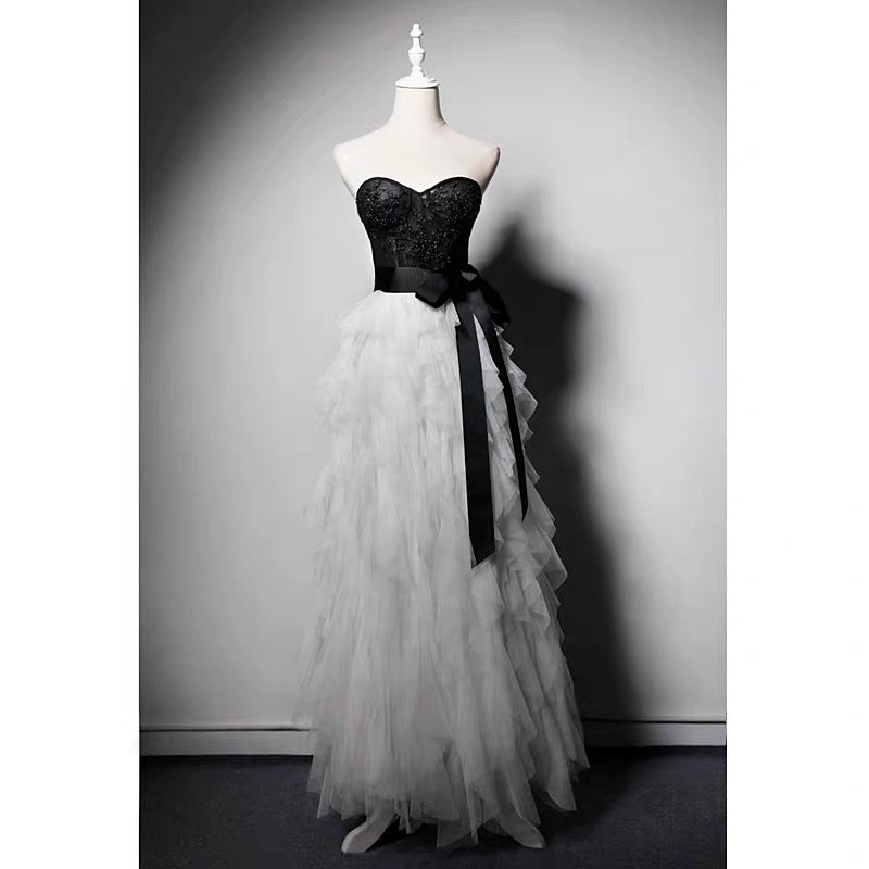 Gothic Black And White Lace Beaded Strapless Formal Dress Plus Size - WonderlandByLilian