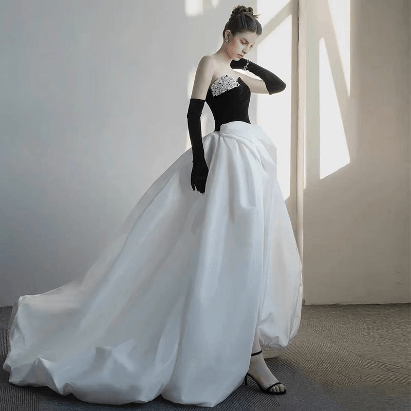 Gothic Black And White Off Shoulder Embellished Wedding Dress - Evening Gown With Gloves Plus Size - WonderlandByLilian