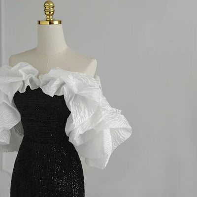 Gothic Black And White Wedding Dress - With Ruffle Plus Size - WonderlandByLilian