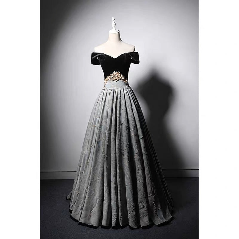 Gothic Black Corset Wedding Dress - Velvet Off Shoulder Formal Dress - Plus Size - WonderlandByLilian