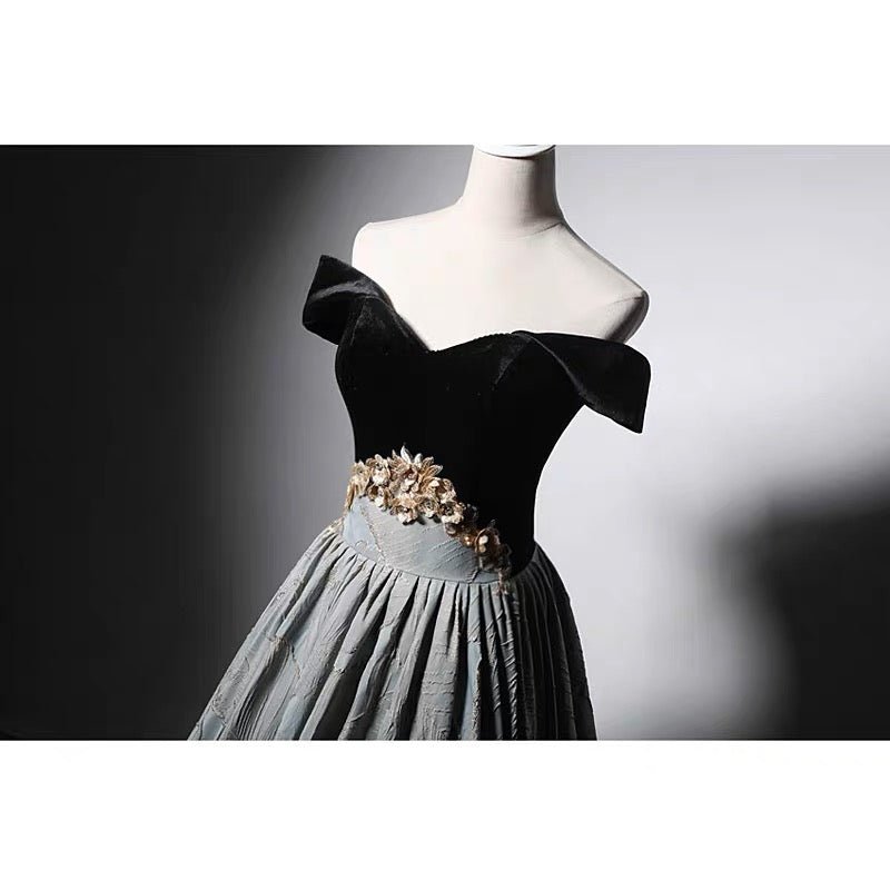 Gothic Black Corset Wedding Dress - Velvet Off Shoulder Formal Dress - Plus Size - WonderlandByLilian
