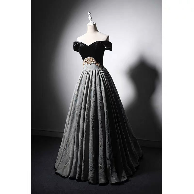 Gothic Black Corset Wedding Dress - Velvet Off Shoulder Formal Dress - Plus Size - WonderlandByLilian