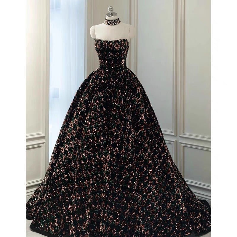 Gothic Black Formal Dress With Sequins - Gothic Wedding Dress - Black Gothic Ball Gown Plus Size - WonderlandByLilian