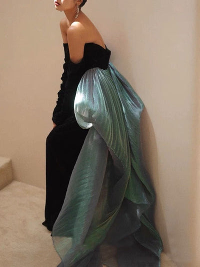 Gothic Black Formal Off Shoulder Dress With Green Gauze - Plus Size - WonderlandByLilian
