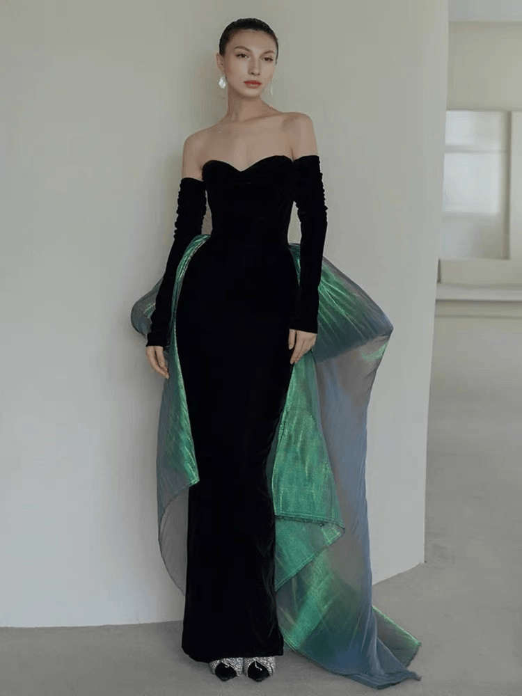 Gothic Black Formal Off Shoulder Dress With Green Gauze - Plus Size - WonderlandByLilian