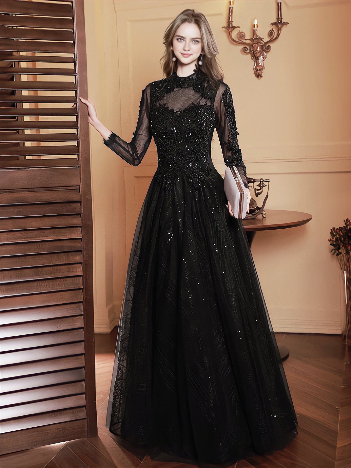 Retro Simple Long Black Tulle With Velvet Party Dress Long Sleeves -  $100.98 #AM79008 - SheProm.com