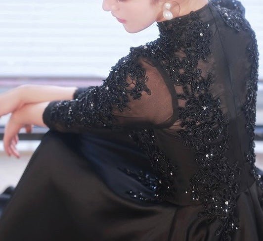 Gothic Black Lace and Embroidery Modest Wedding Dress With Long Sleeve - Black Formal Dress Plus Size - WonderlandByLilian