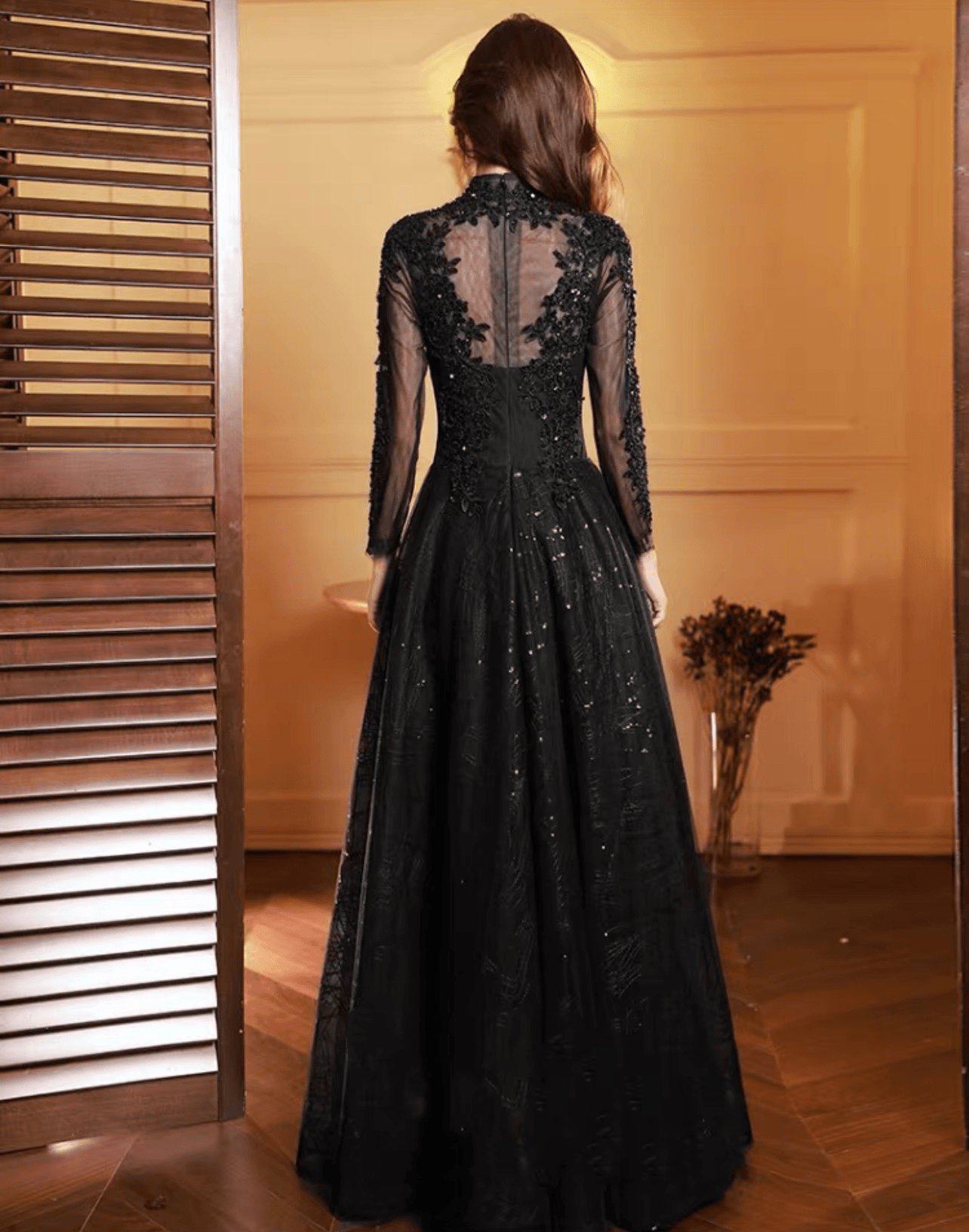 Gothic Black Lace and Embroidery Modest Wedding Dress With Long Sleeve - Black Formal Dress Plus Size - WonderlandByLilian