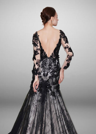 Gothic Black Lace Flower Mermaid Wedding Dress With Illusion Detachable Sleeves - Plus Size - WonderlandByLilian
