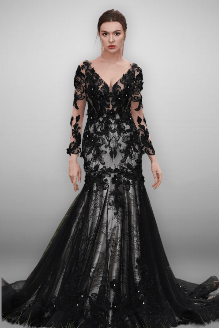 Gothic Black Lace Flower Mermaid Wedding Dress With Illusion Detachable Sleeves - Plus Size - WonderlandByLilian