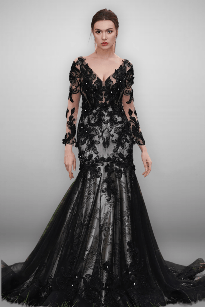 black wedding dresses mermaid style Mermaid Black Sheer Lace Wedding Dress