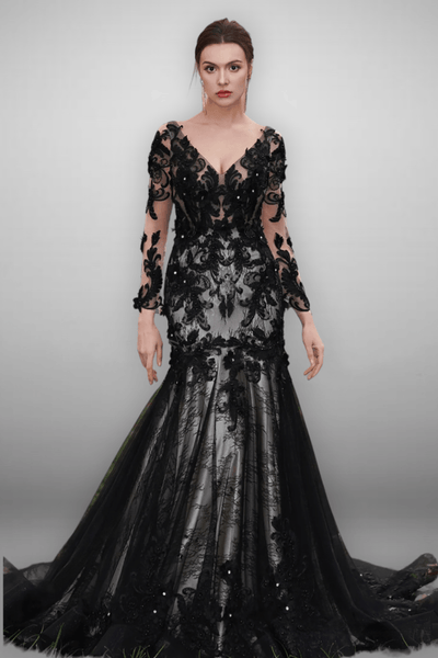 Gothic Black Lace Flower Mermaid Wedding Dress with Illusion Detachable Sleeves